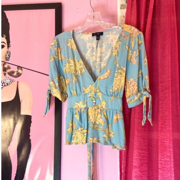 Jessica Simpson Mediterranean Plunge Neck Cropped Blue Floral Blouse Women’s Sm - Picture 1 of 7